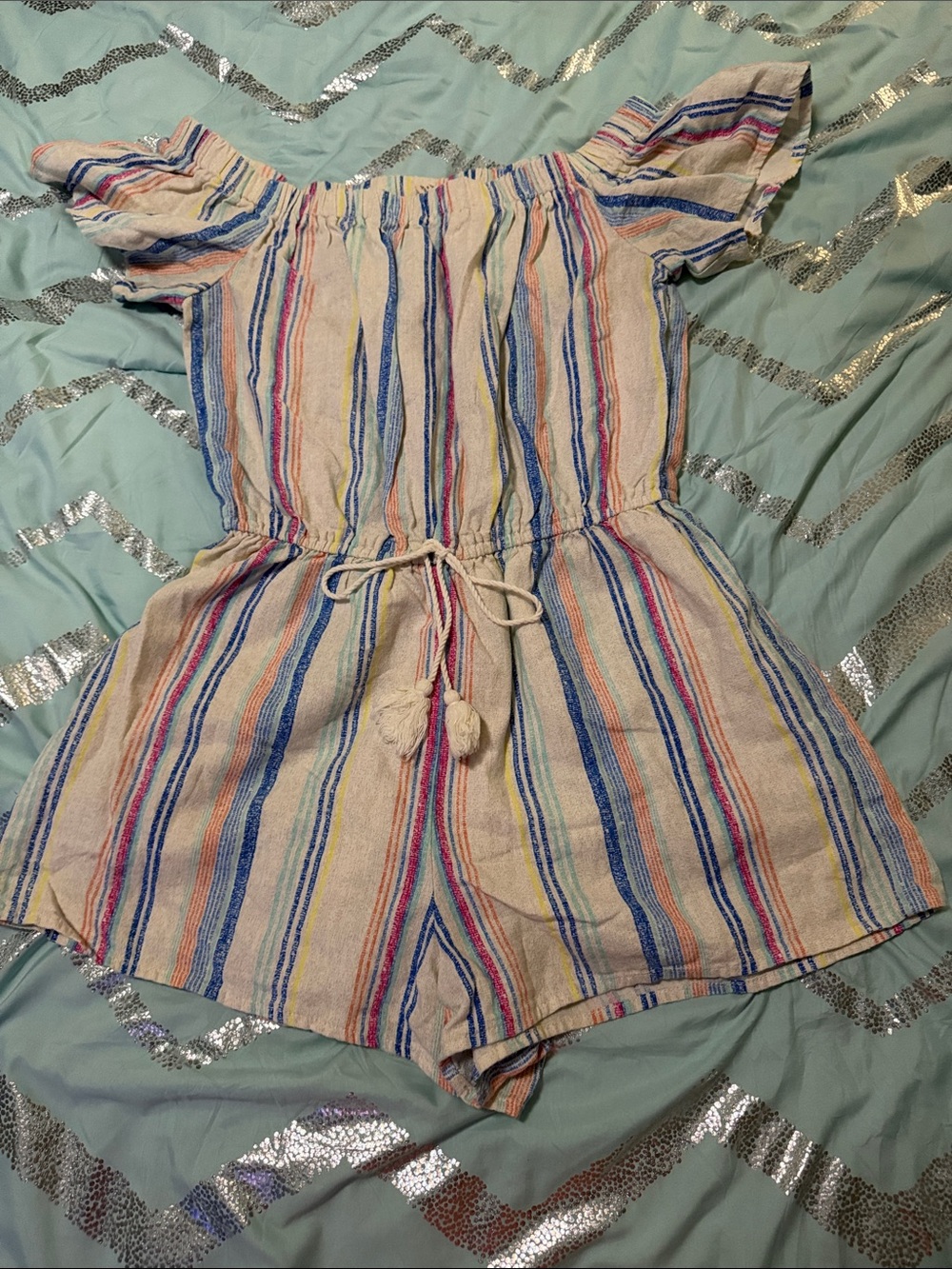 BeBop Multicolor Striped Off-Shoulder Romper